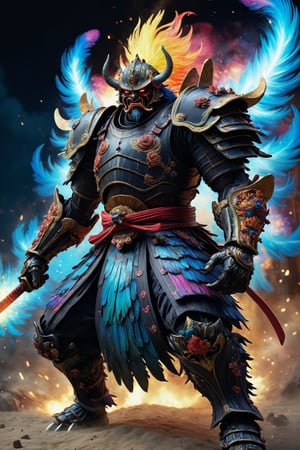 an ugly behemoth masked divinity samurai like creature in action and unleashing an attack against enemies, vincent van gogh style, fw murano style, full body GALAXY armour, plumes of jet black plumes smokes, vibrant colour blast, incredibly detailed, morbid, dark, key visuals, atmospheric, highly realistic, ultra wide epic shot