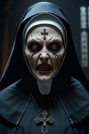 Scary nun, unholy, creepy, horror, dark, ghoul, intricate design and details, photography lighting, photorealistic, cinematic, 8k