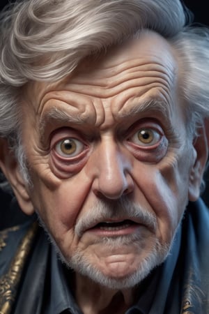 Hyperrealistic art Very old frightened and scared grandpa with fear in eyes, mad sky hallucination by Mundford, baroque maximalist, chibi by Artificial Nightmares, Stanley Artgerm, Tim Burton, detailed face features, sharp eyes, extremely detailed, photorealistic, highly detailed, organic, dynamic, ultra realistic, high definition, intricate details, crisp quality . Extremely high-resolution details, photographic, realism pushed to extreme, fine texture, incredibly lifelike