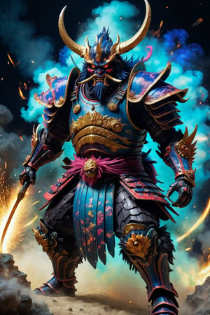 an ugly behemoth masked divinity samurai like creature in action and unleashing an attack against enemies, vincent van gogh style, fw murano style, full body GALAXY armour, plumes of jet black plumes smokes, vibrant colour blast, incredibly detailed, morbid, dark, key visuals, atmospheric, highly realistic, ultra wide epic shot