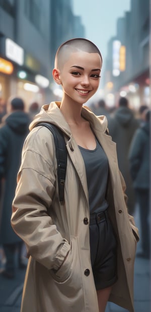 An elegant young smiling woman with a buzz cut wearing a long jacket in a crowded city street. Highest quality full body shot with detailed lighting in an anime style.