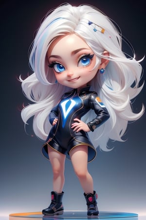 ((best quality)), ((masterpiece)), ((ultra-detailed)), high resolution, 1 girl, chibi, mini girl, white hair, blue eyes, futuristic clothing, dynamic pose, cute, smile, happy, simple background, full body, 