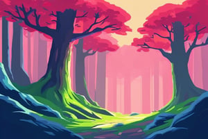 Flat art , 6 colors. Heavy line weight. Illustration scene  of a old growth forest  environment. Simplistic.  Minimalistic.    Vibrant color.  no shading . No highlights . Flat art