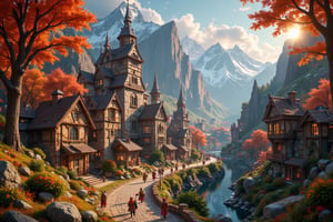  Beautiful Elven university and storybook cottages and shops  in a Fantasy Elven Village in autumn , mountains and waterfalls in the distance,Cobblestone road,atmospheric sun rays, gnomes elf villagers walking around,Trees, Hyperdetailed, colourful, digital Concept art, done on procreate,lightroom, Renaissance architecture, Lovely, Picturesque, Art by Eddie Mendoza, Studio Ghibli, Geometric Jean-baptiste Monge, Ivan Shishkin, Jordan Grimmer, An Jung-Hwan, yoann lossel, marc simonetti, HD, 8k,