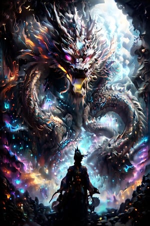 a massive dragon made of light and comsic energy guards the gates to another realm a wanderer stand before the dragon seeking passage , the spirit realm overlays the pysical realtiy  surrounding the wanderer , . , fractals, vivid color, 
"Visionary art style , psychedelic visionary art ,animal spirits, ,spirits,spirit guides,. Shamanic visions ,(the dragons body is not pysical it is transparent light energy )  . Spirit realm, metaphysical realm, esoteric,style, full body human,medium shot, perfect anatomy , psychedelic landscape surrounding the person , (masterpiece, best quality, ultra-detailed), (perfect hands, perfect anatomy), High detailed, detailed background, anatomically correct, beautiful face, detailed hands, perfect eyes, expressive eyes, score_9, score_8_up, score_7_up, best quality, masterpiece, 4k,visionary art,ULTIMATE LOGO MAKER [XL],bl4ckl1ghtxl,visionary art style, oriental dragon,1dragon,Dragonyear 