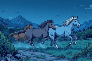 Pop Art digitized vector, minimalist design, vector art,Pop Art digitized vector, minimalist design, vector art,Pop Art medium shot, side view of  3 horses running through a valley with mountains in the distance ,fog, night time, from an anime-style illustration, rendered in realistic sketch style.  night sky background that fades out of focus .7 colors, simple image,  (masterpiece, best quality, vector-detailed), vector shading, clearly defined line work, detailed background,best quality,vector lines, Pop Art, simple image, proper anatomy , vector shading, simple line art , vector lines, illustration, , A beautifully designed image, . Crisp lines, realistic, high quality , fine texture, incredibly lifelike perfect shadows, atmospheric lighting, volumetric lighting, sharp focus .,proper lighting effects.