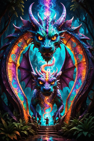 a massive dragon made of light and comsic energy guards the gates to another realm a wanderer stand before the dragon seeking passage , the spirit realm overlays the pysical realtiy  surrounding the wanderer , . , fractals, vivid color, 
"Visionary art style , psychedelic visionary art ,animal spirits, ,spirits,spirit guides,. Shamanic visions ,(the dragons body is not pysical it is transparent light energy )  . Spirit realm, metaphysical realm, esoteric,style, full body human,medium shot, perfect anatomy , psychedelic landscape surrounding the person , (masterpiece, best quality, ultra-detailed), (perfect hands, perfect anatomy), High detailed, detailed background, anatomically correct, beautiful face, detailed hands, perfect eyes, expressive eyes, score_9, score_8_up, score_7_up, best quality, masterpiece, 4k,visionary art,ULTIMATE LOGO MAKER [XL],bl4ckl1ghtxl,visionary art style