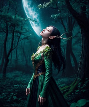 tree spirit female dryad  walking through a moonlit forest, low angle shot, looking up to the stary sky, style of artgerm ,WLOP,sakimichan, Vitaly Morozov , android jones,Justin Totemical trending on Artstation