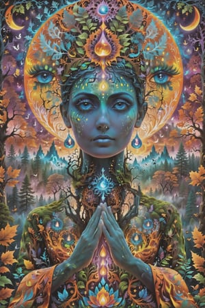 a forest of transcendence that opens up to the spirit realm surrounding breaking down physical reality into the spirit realm . human in meditation, fractals, vivid color, 
 . Spirit realm, metaphysical realm, esoteric,style , psychedelic landscape  , (masterpiece, best quality, ultra-detailed), (perfect hands, perfect anatomy), High detailed, detailed background, anatomically correct, beautiful face, detailed hands, perfect eyes, expressive eyes, score_9, score_8_up, score_7_up, best quality, masterpiece, 4k,visionary art,ULTIMATE LOGO MAKER [XL],bl4ckl1ghtxl,dd4ught3r,Halloween,visionary art style
