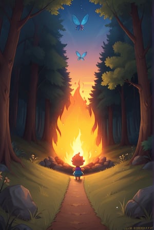 a little gnome walking  through a forest , three  quarters  view, large forest small gnome, dusk time, fire flies , sunset seen through the trees, whimsical  environment. the gnome is on the right side of the frame facing  left  walking towards the center of the  frame .