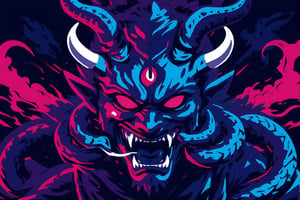 Pop Art  oni mask an serpant,cool snake and cool oni , japanese devil mask with a snake, panoramic view, extremely high-resolution details, photographic, , fine texture, incredibly lifelike perfect shadows, atmospheric lighting, volumetric lighting, sharp focus, focus on eyes, masterpiece,, simple image, the oni is breathing out smoke, uv colors ,eon highlights,