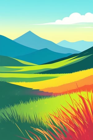 Flat art , 6 colors. Heavy line weight. Illustration scene  of a grassland with mountains in the distance environment. Simplistic.  Minimalistic.  Vibrant color.  no shading . No highlights . Flat art