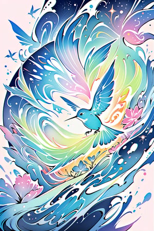 visionary art ,pen art,humming bird feeding from a flower, by Anna Dittmann and android jones, Vibrant, In Watercolour,pen art, visionary art, ,visionary art,Flat art , 6 colors. Heavy line weight. Illustration scene Simplistic. Minimalistic. Vibrant color. no shading . No highlights . Flat art