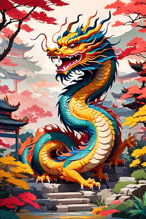 Flat art , 6 colors. Heavy line weight. Illustration, Picturesque, environment. Simplistic. Minimalistic.Vibrant color. no shading . No highlights . Flat art,(illustration),Pop Art Close-up shot of aa chinese dragon,from an anime-style illustration,  The scene is framed within a out of focus garden background that fades , 