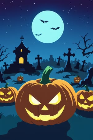 Pop Art medium shot of a halloween themed image,  ,pumpkin,  from an anime-style illustration, rendered in realistic sketch style. The scene is within out of focus graveyard and night sky background that fades out of focus , adding depth and mystery.5 colors, simple image, 