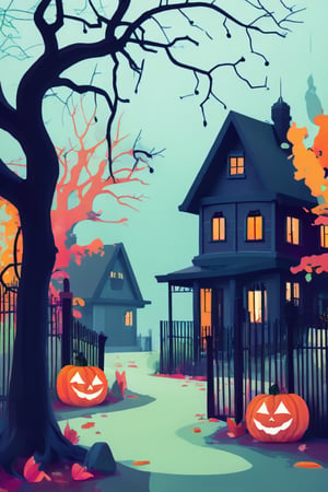 Flat art , 6 colors. Heavy line weight. Illustration scene  of a Halloween village  environment. Simplistic.  Minimalistic.  Cute image. Sfw, pumpkins. Spider webs. Halloween  color palette. Vibrant color. (Spider webs between some of the trees )