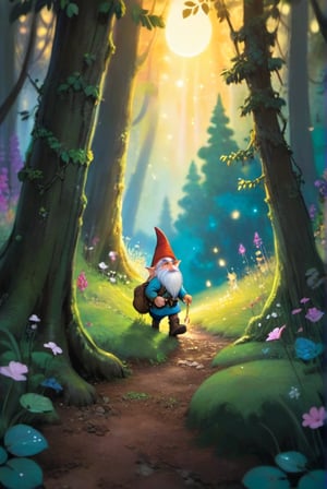 a little gnome walking through a forest of the beaten path in a dense lush magical forest, three quarters view, large forest compared to the small gnome, dusk time, fire flies , sunset seen through the trees, whimsical environment. the gnome is on the right side of the frame facing left towards the center of the image and is walking towards the center of the frame .