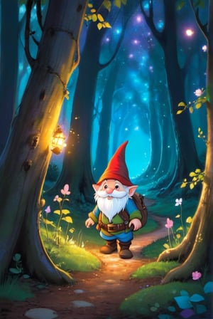 a little gnome walking  through a forest of the beaten path in a dense lush magical forest, three  quarters  view, large forest compared to the small gnome, dusk time, fire flies , sunset seen through the trees, whimsical  environment. the gnome is on the right side of the frame facing  left   towards  the center of the image and is walking towards the center of the  frame .