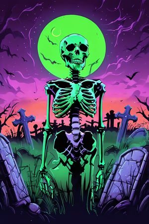 Pop Art medium shot of a halloween themed image, ,skeleton, green moon, clouds , from an anime-style illustration, rendered in realistic sketch style. The scene is within out of focus graveyard and night sky background that fades out of focus , adding depth and mystery.5 colors, simple image, colors, neon green, neon purple, dark blue, neon orange,dark purple,proper lighting effects