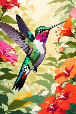 Flat art , 6 colors. Heavy line weight. Illustration, Picturesque, environment. Simplistic. Minimalistic.Vibrant color. no shading . No highlights . Flat art,(illustration),Pop Art Close-up shot of aa hummingbird feeding from a flower,from an anime-style illustration,  The scene is framed within a out of focus garden background that fades , 