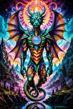 a massive dragon made of light and comsic energy guards the gates to another realm a wanderer stand before the dragon seeking passage , the spirit realm overlays the pysical realtiy  surrounding the wanderer , . , fractals, vivid color, 
"Visionary art style , psychedelic visionary art ,animal spirits, ,spirits,spirit guides,. Shamanic visions ,(the dragons body is not pysical it is transparent light energy )  . Spirit realm, metaphysical realm, esoteric,style, full body human,medium shot, perfect anatomy , psychedelic landscape surrounding the person , (masterpiece, best quality, ultra-detailed), (perfect hands, perfect anatomy), High detailed, detailed background, anatomically correct, beautiful face, detailed hands, perfect eyes, expressive eyes, score_9, score_8_up, score_7_up, best quality, masterpiece, 4k,visionary art,ULTIMATE LOGO MAKER [XL],bl4ckl1ghtxl,visionary art style