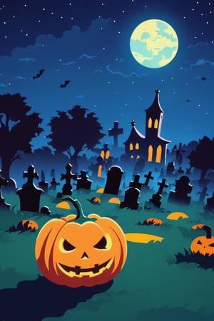 Pop Art medium shot of a halloween themed image,  ,pumpkin,  from an anime-style illustration, rendered in realistic sketch style. The scene is within out of focus graveyard and night sky background that fades out of focus , adding depth and mystery.5 colors, simple image, background out of focus, 