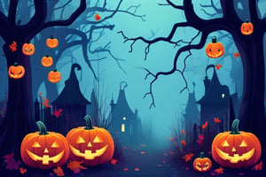 Flat art , 4 colors. Heavy line weight. Illustration scene  of a Halloween spooky forest environment. Simplistic.  Minimalistic.  Cute image. Sfw, pumpkins. Spider webs. Halloween  color palette. Vibrant color. Vector art illustration 