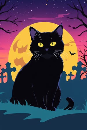 Pop Art medium shot of a halloween themed image, a black cat,  from an anime-style illustration, rendered in realistic sketch style. The scene is within out of focus graveyard and night sky background that fades out of focus , adding depth and mystery.5 colors, simple image, 