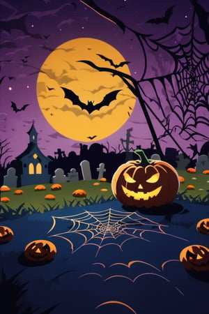 Pop Art medium shot of a halloween themed image,  spider web ,pumpkin, a bat, from an anime-style illustration, rendered in realistic sketch style. The scene is framed within out of focus graveyard and night sky background that fades out of focus , adding depth and mystery.5 colors,