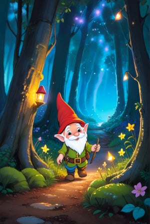 a little gnome walking through a forest of the beaten path in a dense lush magical forest, three quarters view, large forest compared to the small gnome, dusk time, fire flies , sunset seen through the trees, whimsical environment. the gnome is on the right side of the frame facing left towards the center of the image and is walking towards the center of the frame .