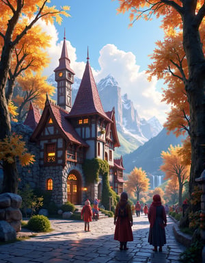  Beautiful Elven storybook cottage in a Fantasy Elven Village in autumn , mountains and waterfalls in the distance,Cobblestone road,atmospheric sun rays, gnomes elf villagers walking around,Trees, Hyperdetailed, colourful, digital Concept art, done on procreate,lightroom, Renaissance architecture, Lovely, Picturesque, Art by Eddie Mendoza, Studio Ghibli, Geometric Jean-baptiste Monge, Ivan Shishkin, Jordan Grimmer, An Jung-Hwan, yoann lossel, marc simonetti, HD, 8k