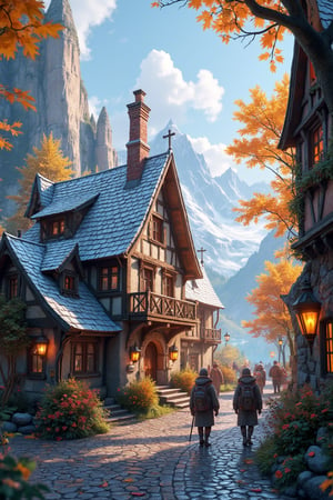  Beautiful Elven storybook cottage in a Fantasy Elven Village in autumn , mountains and waterfalls in the distance,Cobblestone road,atmospheric sun rays, gnomes elf villagers walking around,Trees, Hyperdetailed, colourful, digital Concept art, done on procreate,lightroom, Renaissance architecture, Lovely, Picturesque, Art by Eddie Mendoza, Studio Ghibli, Geometric Jean-baptiste Monge, Ivan Shishkin, Jordan Grimmer, An Jung-Hwan, yoann lossel, marc simonetti, HD, 8k