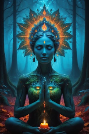 a forest of transcendence that opens up to the spirit realm surrounding breaking down physical reality into the spirit realm . human in meditation, fractals, vivid color, 
 . Spirit realm, metaphysical realm, esoteric,style , psychedelic landscape  , (masterpiece, best quality, ultra-detailed), (perfect hands, perfect anatomy), High detailed, detailed background, anatomically correct, beautiful face, detailed hands, perfect eyes, expressive eyes, score_9, score_8_up, score_7_up, best quality, masterpiece, 4k,visionary art,ULTIMATE LOGO MAKER [XL],bl4ckl1ghtxl,dd4ught3r,Halloween