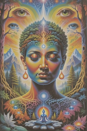 this person sits in a forest and transcends their ego mind and opens up to the spirit realm surrounding them. human in meditation, fractals, vivid color, 
"Visionary art is art that purports to transcend the physical world and portray a wider vision of awareness including spiritual or mystical themes, or is based in such experiences." , psychedelic visionary art ,animal spirits, ,spirits,spirit guides, , . Shamanic visions , ayahuasca visions . Spirit realm, metaphysical realm, esoteric,style, full body human,medium shot, perfect anatomy , psychedelic landscape surrounding the person , (masterpiece, best quality, ultra-detailed), (perfect hands, perfect anatomy), High detailed, detailed background, anatomically correct, beautiful face, detailed hands, perfect eyes, expressive eyes, score_9, score_8_up, score_7_up, best quality, masterpiece, 4k,visionary art