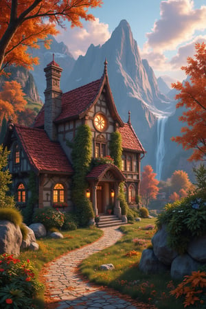  Beautiful Elven storybook cottage in a Fantasy Elven Village in autumn , mountains and waterfalls in the distance,Cobblestone road,atmospheric sun rays, gnomes elf villagers walking around,Trees, Hyperdetailed, colourful, digital Concept art, done on procreate,lightroom, Renaissance architecture, Lovely, Picturesque, Art by Eddie Mendoza, Studio Ghibli, Geometric Jean-baptiste Monge, Ivan Shishkin, Jordan Grimmer, An Jung-Hwan, yoann lossel, marc simonetti, HD, 8k