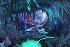 a crystal cave open up to a snow landscape with a giant portal of transcendent light  beaming up into the sky, the cave is full of glowing magic mushrooms, stalagmites and stalactites 