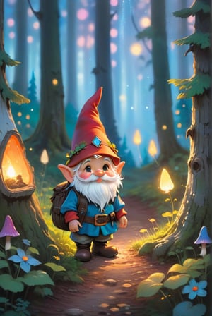 a little gnome walking  through a forest , three  quarters  view, large forest small gnome, dusk time, fire flies , sunset seen through the trees, whimsical  environment. 