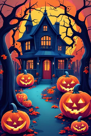 Flat art , 4 colors. Heavy line weight. Illustration scene  of a Halloween village  environment. Simplistic.  Minimalistic.  Cute image. Sfw, pumpkins. Spider webs. Halloween  color palette. Vibrant color. Vector art illustration 