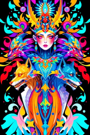 visionary art ,pen ink art medium ,Dark Dramatic Ancient Elegant Egyptian Goddess and a wolf spirit, by Anna Dittmann and android jones, Vibrant, done with Watercolour and pen ink, visionary art, symmetrical ,visionary art,Flat art , 6 colors. Heavy line weight. Illustration scene Dark Dramatic Ancient Elegant Egyptian Rain Goddes and her wolf and dragon water spirits, Simplistic. Minimalistic. Vibrant color. no shading . No highlights . Flat art, rug design,