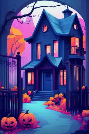 Flat art , 6 colors. Heavy line weight. Illustration scene  of a Halloween village  environment. Simplistic.  Minimalistic.  Cute image. Sfw, pumpkins. Spider webs. Halloween  color palette. Vibrant color. 