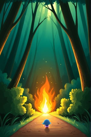 a little gnome walking  through a forest of the beaten path in a dense lush magical forest, three  quarters  view, large forest compared to the small gnome, dusk time, fire flies , sunset seen through the trees, whimsical  environment. the gnome is on the right side of the frame facing  left   towards  the center of the image and is walking towards the center of the  frame .