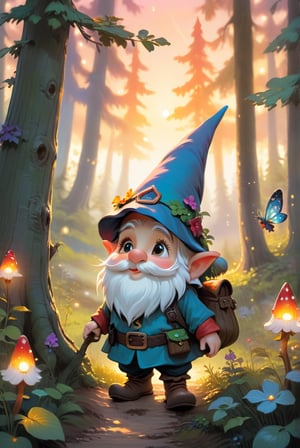 a little gnome walking  through a forest , three  quarters  view, large forest small gnome, dusk time, fire flies , sunset seen through the trees, whimsical  environment. the gnome is on the right side of the frame facing  left  walking towards the center of the  frame .