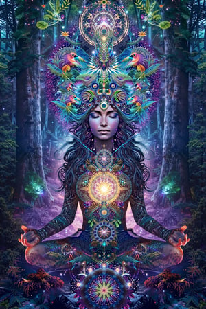 this person sits in a forest and transcends their ego mind and opens up to the spirit realm surrounding them. human in meditation, fractals, vivid color, "Visionary art is art that purports to transcend the physical world and portray a wider vision of awareness including spiritual or mystical themes, or is based in such experiences." , psychedelic visionary art ,animal spirits, ,spirits,spirit guides, , . Shamanic visions , ayahuasca visions . Spirit realm, metaphysical realm, esoteric,style, full body human,medium shot, perfect anatomy , psychedelic landscape surrounding the person , (masterpiece, best quality, ultra-detailed), (perfect hands, perfect anatomy), High detailed, detailed background, anatomically correct, beautiful face, detailed hands, perfect eyes, expressive eyes, score_9, score_8_up, score_7_up, best quality, masterpiece, 4k,visionary art,ULTIMATE LOGO MAKER [XL],bl4ckl1ghtxl