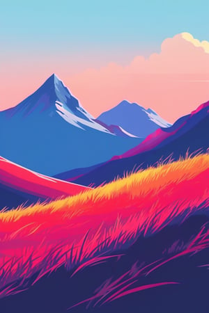 Flat art , 6 colors. Heavy line weight. Illustration scene  of a grassland with mountains in the distance environment. Simplistic.  Minimalistic.   . Vibrant color.  no shading . No highlights . Flat art