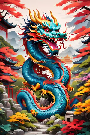 Flat art , 6 colors. Heavy line weight. Illustration, Picturesque, environment. Simplistic. Minimalistic.Vibrant color. no shading . No highlights . Flat art,(illustration),Pop Art Close-up shot of aa chinese dragon,from an anime-style illustration,  The scene is framed within a out of focus garden background that fades , 