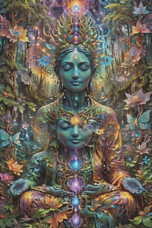 this person sits in a forest and transcends their ego mind and opens up to the spirit realm surrounding them. human in meditation, fractals, vivid color, 
"Visionary art is art that purports to transcend the physical world and portray a wider vision of awareness including spiritual or mystical themes, or is based in such experiences." , psychedelic visionary art ,animal spirits, ,spirits,spirit guides, , . Shamanic visions , ayahuasca visions . Spirit realm, metaphysical realm, esoteric,style, full body human,medium shot, perfect anatomy , psychedelic landscape surrounding the person , (masterpiece, best quality, ultra-detailed), (perfect hands, perfect anatomy), High detailed, detailed background, anatomically correct, beautiful face, detailed hands, perfect eyes, expressive eyes, score_9, score_8_up, score_7_up, best quality, masterpiece, 4k,visionary art,DonMSn0wM4g1cXL,ULTIMATE LOGO MAKER [XL],bl4ckl1ghtxl