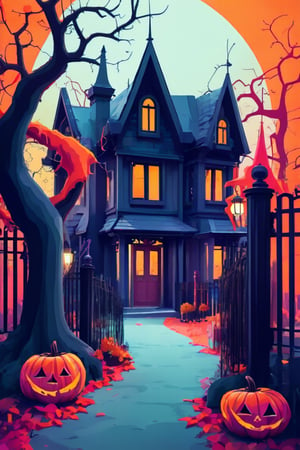 Flat art , 6 colors. Heavy line weight. Illustration scene  of a Halloween village  environment. Simplistic.  Minimalistic.  Cute image. Sfw, pumpkins. Spider webs. Halloween  color palette. Vibrant color. (Spider webs between some of the trees )