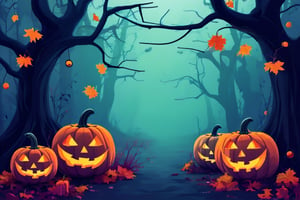 Flat art , 4 colors. Heavy line weight. Illustration scene  of a Halloween spooky forest environment. Simplistic.  Minimalistic.  Cute image. Sfw, pumpkins. Spider webs. Halloween  color palette. Vibrant color. Vector art illustration 