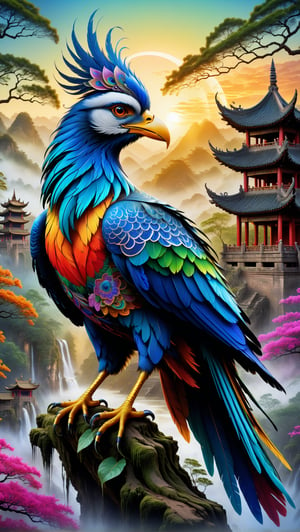 a FengHuang sits in a forest and transcends  and opens up to the spirit realm surrounding them., fractals, vivid color, 
"Visionary art is art that purports to transcend the physical world and portray a wider vision of awareness including spiritual or mystical themes, or is based in such experiences." , psychedelic visionary art ,animal spirits, ,spirits,spirit guides, , . Shamanic visions , ayahuasca visions . Spirit realm, metaphysical realm, esoteric,style, full body FengHuang,medium shot, perfect anatomy of the Chinese mythological bird  , psychedelic landscape surrounding the FengHuang , (masterpiece, best quality, ultra-detailed), (perfect hands, perfect anatomy), High detailed, detailed background, anatomically correct, beautiful  detailed feathers perfect eyes, expressive eyes, score_9, score_8_up, score_7_up, best quality, masterpiece, 4k,visionary art, 4k,ULTIMATE LOGO MAKER [XL],DonMB4nsh33XL 