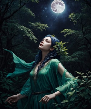 tree spirit female dryad  walking through a moonlit forest, low angle shot, looking up to the stary sky, style of artgerm ,WLOP,sakimichan, Vitaly Morozov , android jones,Justin Totemical trending on Artstation